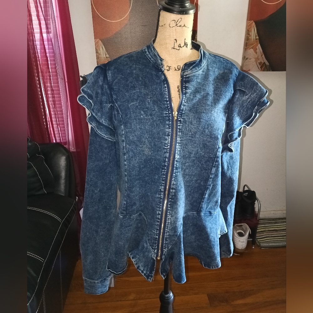 Fashion Nova Ruffled Blue Jean Jacket